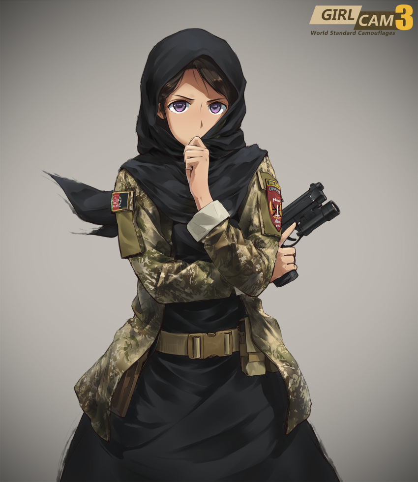 1girl abaya afghan_flag afghanistan belt beretta_m9 black_hair camouflage copyright_name covering_mouth cowboy_shot flashlight gun hand_over_own_mouth handgun highres hijab looking_at_viewer magazine_(weapon) military military_uniform original patch pistol pouch serious simple_background sleeves_rolled_up soldier tantu_(tc1995) trigger_discipline uniform violet_eyes weapon wind