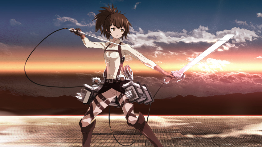 1girl alternate_hairstyle belt blade boots breasts brown_eyes brown_footwear brown_gloves brown_hair clouds gloves highres hiyajou_maho holding holding_weapon knee_boots leg_belt outdoors ponytail shingeki_no_kyojin small_breasts solo standing steins;gate steins;gate_0 three-dimensional_maneuver_gear washu_junkyu weapon