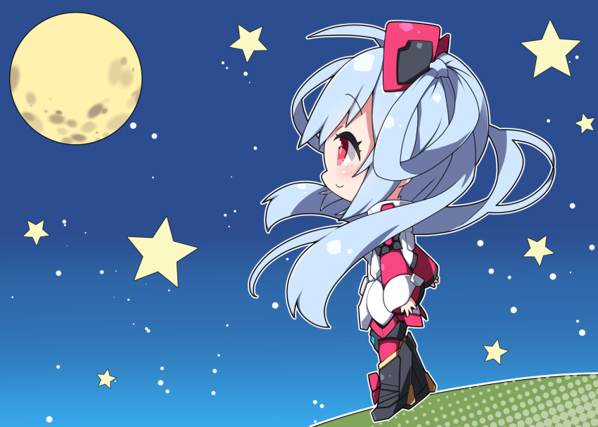 1girl ahoge armored_boots bangs black_footwear blue_hair blush boots chibi closed_mouth commentary_request dress eyebrows_visible_through_hair from_side full_moon hair_between_eyes hair_ornament hair_rings knee_boots long_hair long_sleeves looking_away matoi_(pso2) milkpanda moon night night_sky outdoors pantyhose phantasy_star phantasy_star_online_2 profile red_eyes red_legwear sky sleeves_past_wrists smile solo star twintails very_long_hair white_dress wide_sleeves