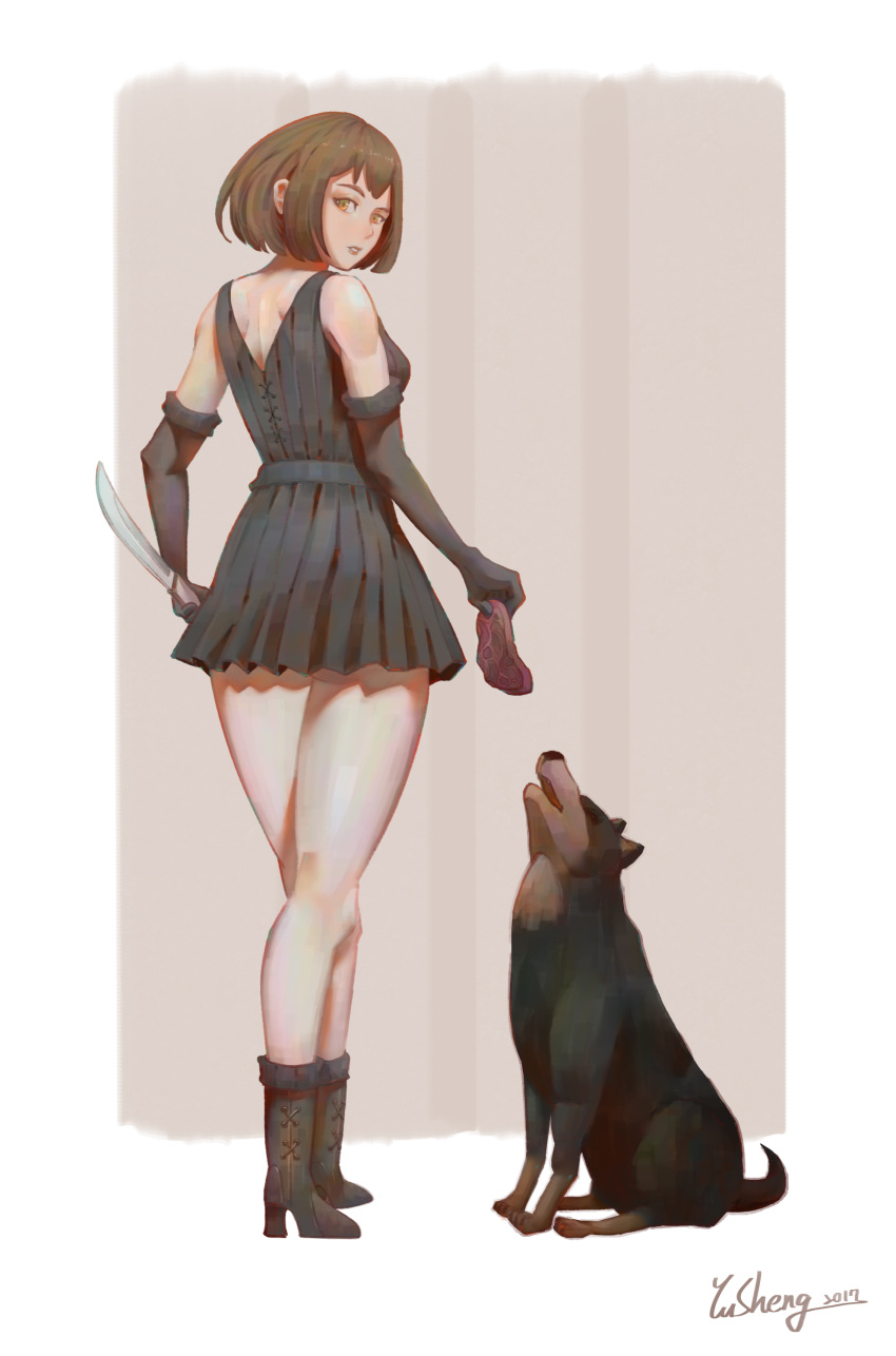 1girl absurdres animal artist_name bad_anatomy black_dress black_gloves black_skirt boots brown_eyes brown_footwear brown_hair dated dog dress elbow_gloves food gloves highres holding holding_knife knife looking_at_viewer looking_back meat parted_lips short_hair simple_background skirt standing yusheng