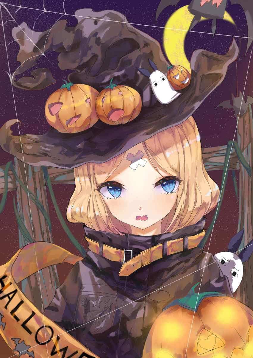 1girl abigail_williams_(fate/grand_order) absurdres bangs black_jacket blonde_hair blue_eyes commentary crossed_bandaids english_commentary eyebrows_visible_through_hair fate/grand_order fate_(series) glowing hair_bun halloween hat head_tilt heart heroic_spirit_traveling_outfit highres jack-o'-lantern jacket long_hair long_sleeves looking_at_viewer medjed open_mouth parted_bangs silk sleeves_past_fingers sleeves_past_wrists solo spider_web star upper_body wavy_mouth witch_hat yingxiong_abubu