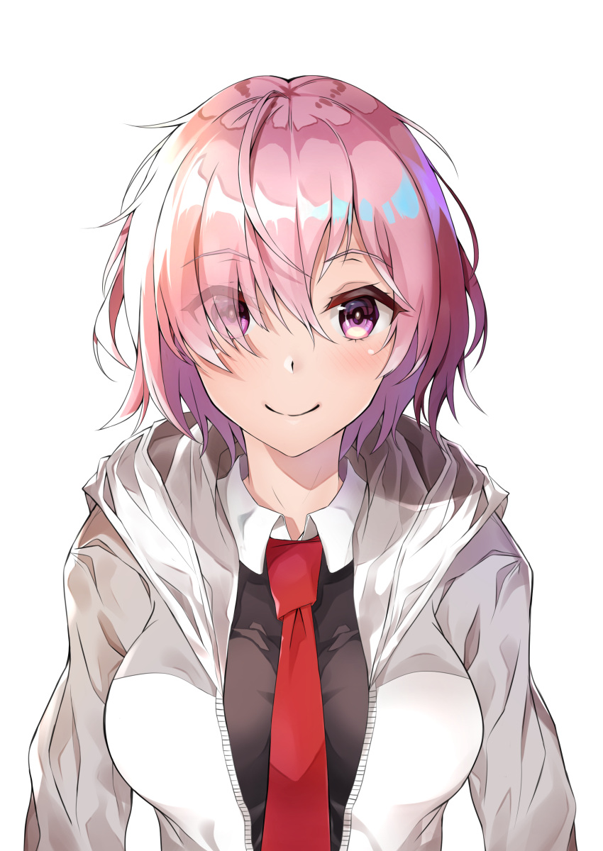 1girl absurdres atora eyebrows_visible_through_hair eyes_visible_through_hair fate/grand_order fate_(series) hair_between_eyes hair_over_one_eye highres hood hood_down hooded_jacket jacket looking_at_viewer mash_kyrielight necktie open_clothes open_jacket pink_hair red_neckwear shiny shiny_hair short_hair simple_background smile solo upper_body violet_eyes white_background