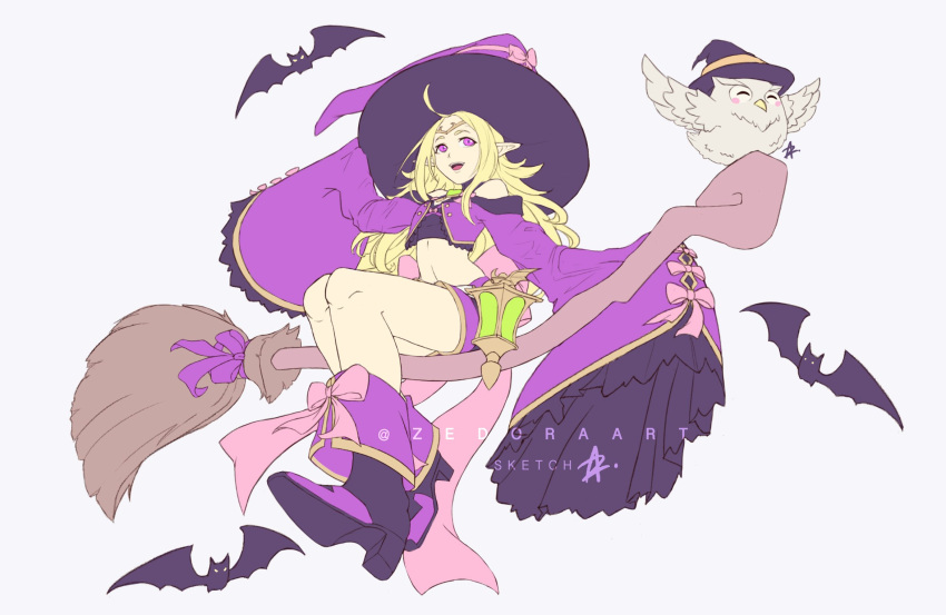 1girl bat bird blonde_hair bow broom broom_riding circlet feh_(fire_emblem_heroes) fire_emblem fire_emblem:_kakusei fire_emblem_heroes halloween_costume hat high_heels highres lantern long_hair long_sleeves mamkute midriff nintendo nowi_(fire_emblem) open_mouth owl pink_bow pointy_ears short_shorts shorts simple_background sleeves_past_fingers sleeves_past_wrists twitter_username violet_eyes white_background witch_hat zedoraart