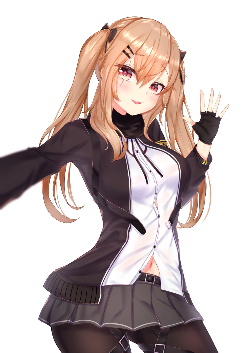 1girl :d absurdres armband bangs belt_buckle black_belt black_bow black_gloves black_jacket black_skirt blurry blurry_foreground blush bow brown_legwear buckle commentary_request depth_of_field dress_shirt eyebrows_visible_through_hair fingerless_gloves girls_frontline gloves gmkj hair_between_eyes hair_bow hair_ornament hairclip hand_up head_tilt highres jacket light_brown_hair long_hair looking_at_viewer navel open_clothes open_jacket open_mouth outstretched_arm pantyhose parted_lips pleated_skirt reaching_out self_shot shirt sidelocks simple_background skirt smile solo twintails ump9_(girls_frontline) very_long_hair white_background white_shirt