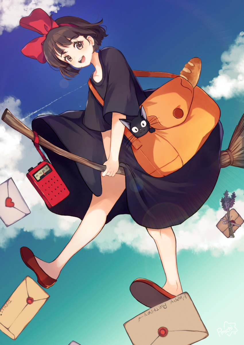 1girl bag baguette black_cat blue_sky bow bread broom broom_riding brown_eyes brown_hair cat clouds day food hair_bow highres jiji_(majo_no_takkyuubin) kiki letter looking_at_viewer majo_no_takkyuubin open_mouth outdoors peachy_michi short_hair sky solo