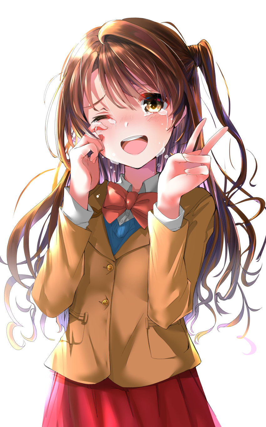 1girl ;d absurdres blue_sweater bow bowtie brown_eyes brown_hair brown_jacket crying crying_with_eyes_open dress_shirt edamame_(momonga0308) floating_hair grey_shirt highres idolmaster idolmaster_cinderella_girls jacket long_hair one_eye_closed open_mouth pleated_skirt red_bow red_skirt school_uniform shimamura_uzuki shirt side_ponytail simple_background skirt smile solo standing sweater tears v very_long_hair white_background