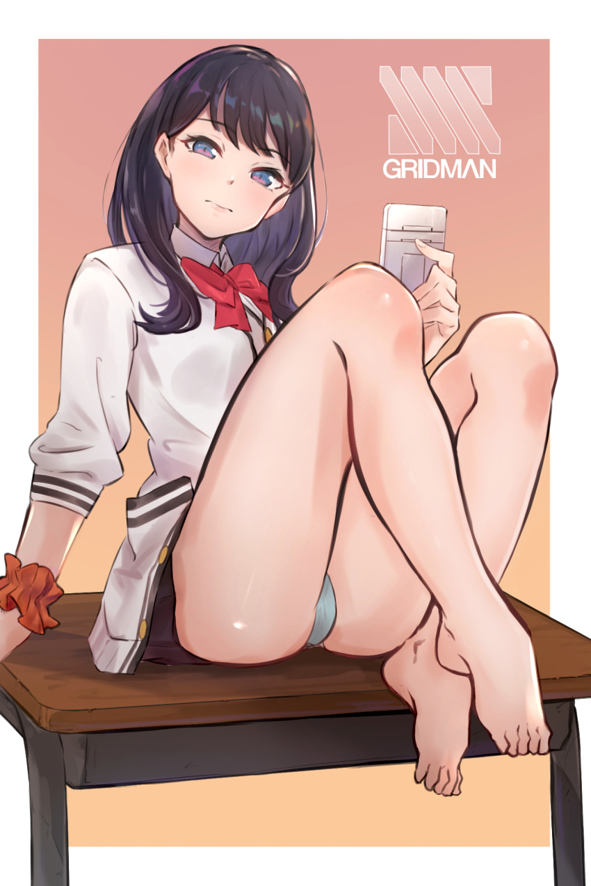 1girl barefoot black_hair blue_eyes bow bowtie cardigan cellphone closed_mouth copyright_name eyebrows_visible_through_hair highres holding holding_phone legs looking_at_viewer panties phone red_neckwear renzu_(lens_02) short_hair sitting sitting_on_table solo ssss.gridman table takarada_rikka underwear white_cardigan