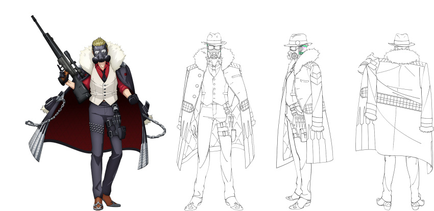 black_gloves blonde_hair bullet cartridge chains character_sheet coat dress_shirt earrings eins_(senjuushi) from_behind full_body fur_collar fur_trim gas_mask gloves gun hand_in_pocket hat highres holding holding_gun holding_weapon jacket_on_shoulders jewelry majiro_(mazurka) male_focus msg90 multiple_views necktie rifle senjuushi:_the_thousand_noble_musketeers shirt short_hair sleeves_rolled_up trigger_discipline turnaround waistcoat weapon