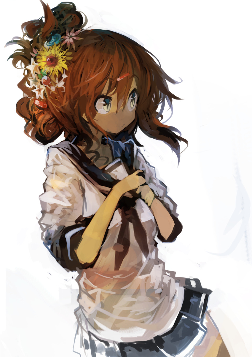 1girl absurdres alternate_hairstyle bangs black_skirt brown_hair commentary cowboy_shot curly_hair eyebrows_visible_through_hair flower hair_between_eyes hair_flower hair_ornament hairclip hands_on_own_chest highres inazuma_(kantai_collection) kaamin_(mariarose753) kantai_collection looking_to_the_side pleated_skirt ringlets school_uniform serafuku shirt short_sleeves skirt solo standing star sunflower sunflower_hair_ornament white_background white_shirt yellow_eyes