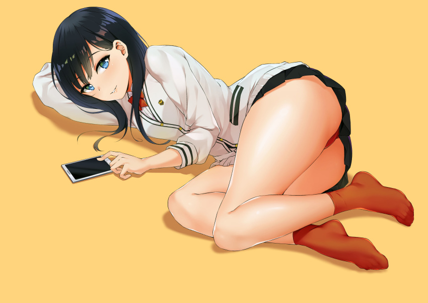 1girl absurdres b3b black_hair blue_eyes blush cardigan feet full_body half-closed_eyes highres legs long_sleeves looking_at_viewer lying miniskirt panties pantyshot phone pleated_skirt red_legwear red_neckwear school_uniform skirt smile solo ssss.gridman takarada_rikka thighs underwear