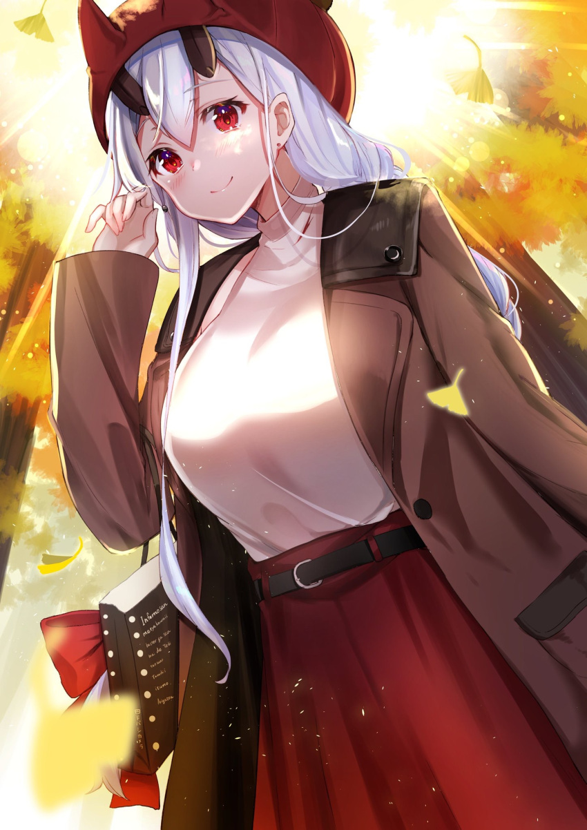 1girl autumn autumn_leaves bag bangs beanie belt belt_buckle blurry blush breasts brown_coat buckle coat commentary_request day depth_of_field earrings eyebrows_visible_through_hair fate/grand_order fate_(series) felnemo ginkgo ginkgo_leaf hair_ribbon hat highres horned_headwear horns jewelry leaf long_hair long_sleeves looking_at_viewer medium_breasts outdoors red_eyes red_hat red_skirt ribbon shirt shopping_bag silver_hair skirt smile solo standing stud_earrings sunlight tomoe_gozen_(fate/grand_order) very_long_hair