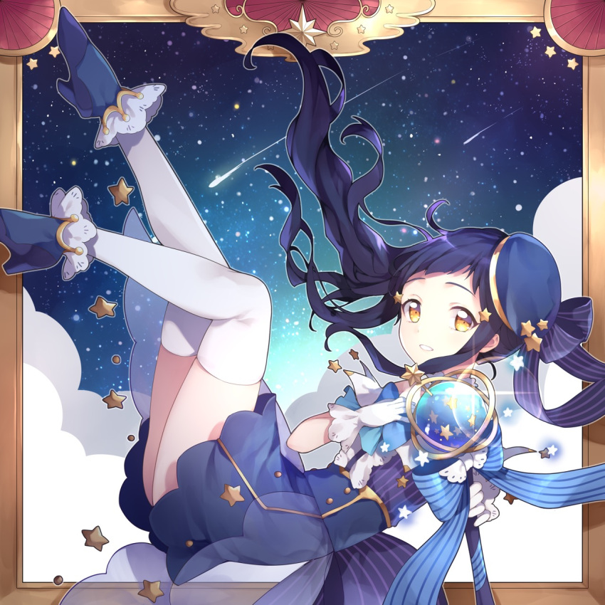 1girl album_cover black_hair blue_bow blue_footwear blue_skirt blush bow brown_eyes commentary_request cover forehead gloves hand_up high_heels highres holding holding_staff legs_up long_hair looking_at_viewer magical_girl night night_sky orb original parted_lips purple_shirt risui_(suzu_rks) see-through shirt shoes side_ponytail skirt sky smile solo staff star star_(sky) starry_sky striped striped_shirt thigh-highs vertical-striped_shirt vertical_stripes very_long_hair white_gloves white_legwear