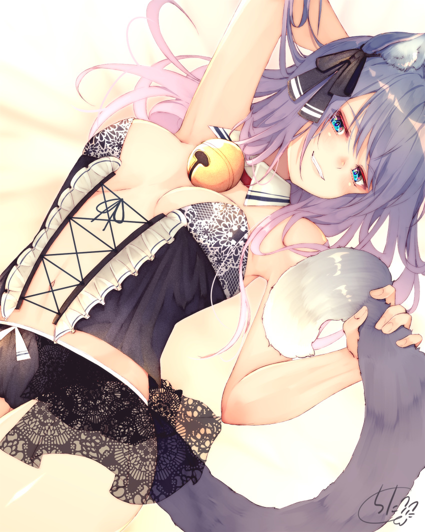 1girl animal_ear_fluff animal_ears arm_up armpits bare_arms bare_shoulders bell black_panties black_ribbon blue_eyes blurry blurry_background bow bow_panties breasts bustier cat_ears cat_girl cat_tail chita_(ketchup) collar commentary_request depth_of_field detached_collar gradient_hair grin hair_ribbon highres jingle_bell lace lace-trimmed_panties looking_at_viewer medium_breasts multicolored_hair original panties pink_hair purple_hair ribbon signature smile solo tail tail_grab underwear white_collar