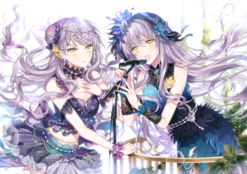 2girls bang_dream! bangs black_ribbon blue_feathers bracelet bubble commentary_request crop_top detached_collar dual_persona earrings feather_dress feathers flower frills hair_feathers hair_ornament hair_ribbon hair_scrunchie hairband hand_on_own_chest head_chain head_fins jewelry lace lace-trimmed_hairband lavender_hair lolita_hairband long_hair microphone_stand minato_yukina multiple_girls necklace nennen purple_hair railing ribbon rose scrunchie side_bun skirt sleeveless very_long_hair wristband yellow_eyes