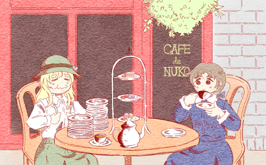 2girls :&gt; arms_up black_hair blonde_hair blue_dress brown_hair cafe cake chair check_character chewing closed_eyes closed_mouth coffee collared_shirt commentary crumbs cup cupcake dress dress_shirt english english_commentary extra_eyebrows food food_on_face fork green_hat green_skirt hands_up hat highres holding holding_fork holding_knife knife long_hair long_sleeves macaron multiple_girls nuko_(shoujo_shuumatsu_ryokou) on_chair outdoors plant plate plate_stack saucer senorseki shirt short_hair shoujo_shuumatsu_ryokou sitting skirt slice_of_cake sweets table teacup teapot white_shirt wing_collar yuuri_(shoujo_shuumatsu_ryokou)