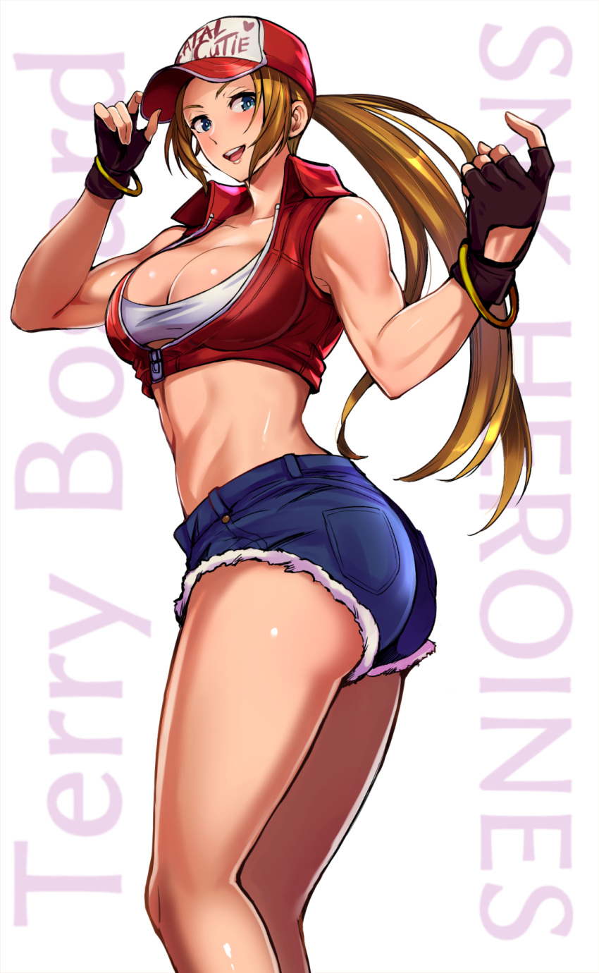 1girl :d ass bandeau bare_shoulders baseball_cap black_gloves blonde_hair blue_eyes blue_shorts bracelet breasts character_name cleavage collared_vest cutoffs denim denim_shorts fatal_fury fingerless_gloves genderswap genderswap_(mtf) gloves hat highres jewelry large_breasts long_hair looking_at_viewer looking_back midriff muscle muscular_female open_clothes open_mouth open_vest ponytail puca-rasu red_vest short_shorts shorts smile snk snk_heroines:_tag_team_frenzy solo terry_bogard the_king_of_fighters thighs very_long_hair vest zipper