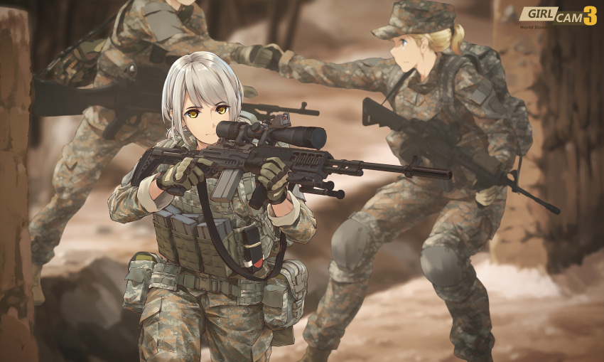 2girls absurdres assault_rifle backpack bag belt bipod blonde_hair blue_eyes blurry camouflage copyright_name depth_of_field gloves gun hand_holding hat highres knee_pads load_bearing_vest long_hair m240 m4_carbine machine_gun military military_uniform multiple_girls original ponytail pouch rifle scope short_ponytail silver_hair sleeves_rolled_up sling sniper_rifle soldier tantu_(tc1995) trigger_discipline uniform walking weapon yellow_eyes