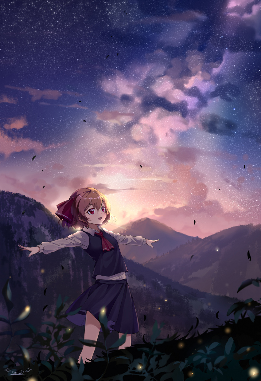 1girl :d absurdres ascot black_skirt bow brown_hair dress_shirt grey_shirt hair_between_eyes hair_bow highres long_sleeves open_mouth outdoors outstretched_arm red_bow red_eyes red_neckwear rumia scenery shiny shiny_hair shirt short_hair signature skirt sky smile snozaki solo standing star_(sky) starry_sky sunset touhou