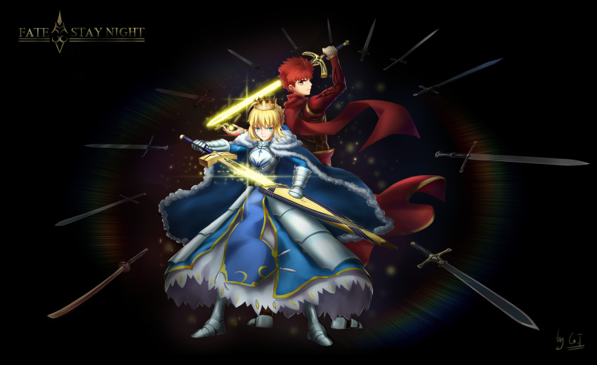 1boy 1girl absurdres armor armored_boots armored_dress artoria_pendragon_(all) back-to-back blonde_hair blue_cape blue_dress boots brown_eyes cape copyright_name crown dress emiya_shirou excalibur fate/stay_night fate_(series) full_body fur_trim gauntlets gt_shoukyou highres holding holding_sword holding_weapon looking_at_viewer redhead saber short_hair signature spiky_hair sword tied_hair weapon