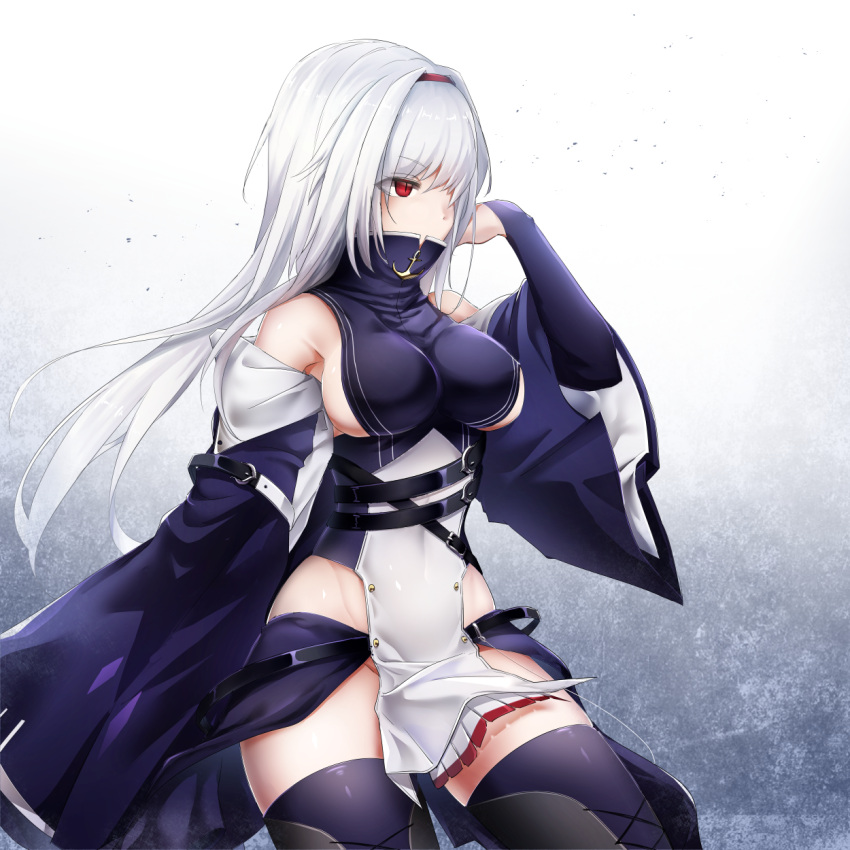 1girl azur_lane breasts chysk_hm colorado_(azur_lane) commentary detached_sleeves eyebrows_visible_through_hair hairband high_collar highres long_hair red_eyes sideboob solo thigh-highs thighs white_hair wide_sleeves