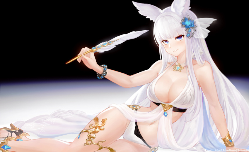 1girl animal_ears arm_support bangs bikini blue_eyes blunt_bangs bracelet breasts choker commentary_request edward_montenegro erune flower granblue_fantasy hair_flower hair_ornament high_heels jewelry korwa large_breasts long_hair looking_at_viewer lying navel on_side parted_lips quill silver_hair smile solo swimsuit very_long_hair white_bikini