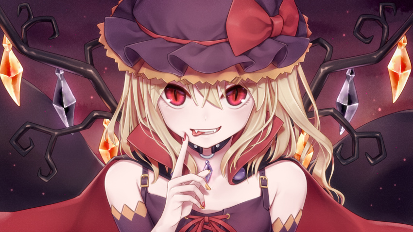 1girl alternate_costume bangs bare_shoulders black_cape black_collar black_hat blonde_hair bow cape collar commentary_request cross-laced_clothes crystal detached_sleeves dtvisu eyebrows_visible_through_hair eyes_visible_through_hair fangs flandre_scarlet hair_between_eyes hand_up hat hat_bow high_collar index_finger_raised light_particles long_hair looking_at_viewer mob_cap nail_polish one_side_up open_mouth red_bow red_cape red_eyes red_nails red_ribbon ribbon slit_pupils smile solo spaghetti_strap tongue tongue_out touhou upper_body wings yellow_nails