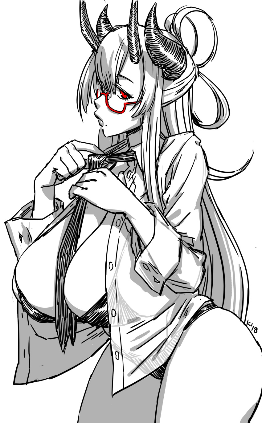 1girl absurdres between_breasts borrowed_character bra breasts cleavage greyscale highres horns huge_breasts long_hair mariel_cartwright monochrome necktie necktie_between_breasts office_lady original panties red-framed_eyewear red_eyes semi-rimless_eyewear shirt solo spot_color tsunoko under-rim_eyewear underwear