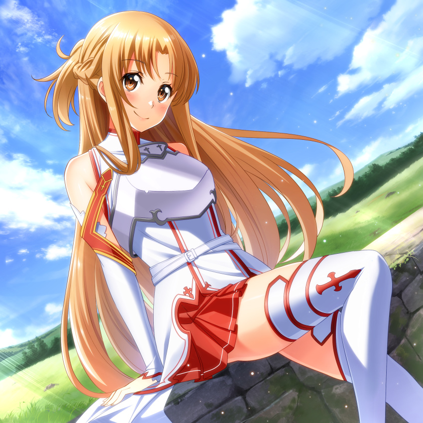 1girl arm_support asuna_(sao) blonde_hair blue_sky blush breastplate brown_eyes clouds day detached_sleeves dutch_angle floating_hair head_tilt highres long_hair long_sleeves looking_at_viewer miniskirt nyanmaru outdoors pleated_skirt red_skirt shiny shiny_hair sitting skirt sky smile solo sword_art_online thigh-highs very_long_hair white_legwear white_sleeves zettai_ryouiki