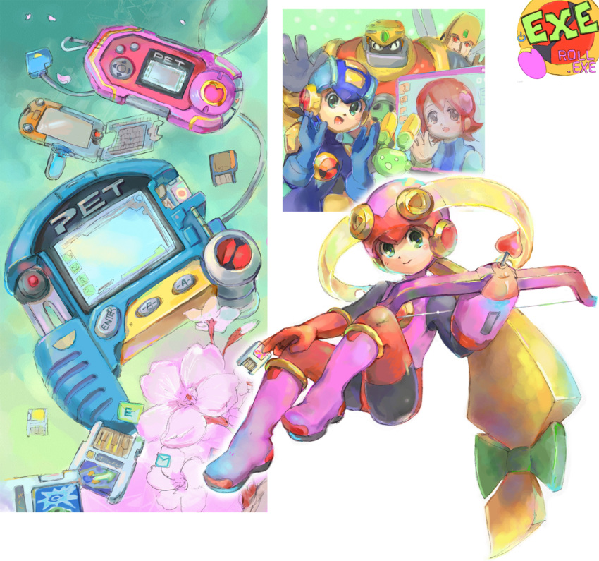 1girl :d blonde_hair blush bodysuit bow_(weapon) commentary_request cropped_legs dinef gloves green_eyes heart-shaped_arrow heart_arrow helmet leotard long_hair low-tied_long_hair multiple_boys netnavi open_mouth pink_bodysuit pink_gloves pink_helmet pink_leotard rockman rockman_exe roll_exe smile standing thigh-highs weapon