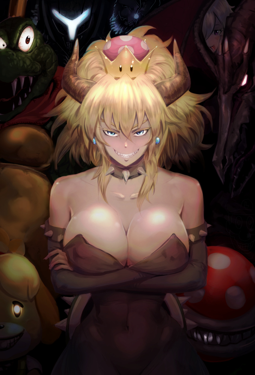 3girls animal_ears bangs bare_shoulders black_collar black_dress blonde_hair blue_earrings blue_eyes borrowed_design bowsette bracelet breasts cleavage collar collarbone commentary_request covered_navel crossed_arms dark_samus donkey_kong_(series) donkey_kong_country doubutsu_no_mori dress earrings elbow_gloves evil_grin evil_smile furry gloves glowing glowing_eyes grin highres horns jewelry king_k._rool large_breasts long_hair looking_at_viewer super_mario_bros. metroid metroid_prime_2:_echoes multiple_girls new_super_mario_bros._u_deluxe nintendo piranha_plant princess_king_boo ridley sharp_teeth shizue_(doubutsu_no_mori) silver_hair smile spiked_armlet spiked_collar spiked_shell spikes strapless strapless_dress super_crown super_smash_bros. super_smash_bros._ultimate teeth tongue tongue_out turtle_shell uenoryoma v-shaped_eyebrows
