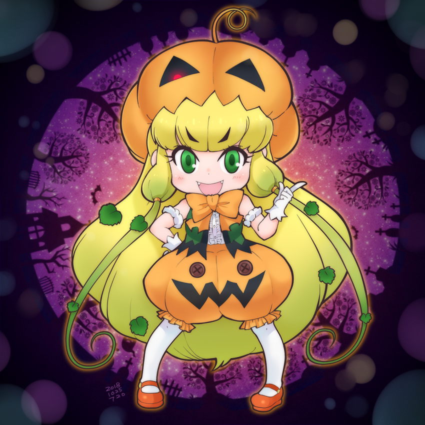 1girl :d arm_scrunchie bare_shoulders blonde_hair bow bowtie button_eyes center_frills chibi commentary dated eyebrows_visible_through_hair fangs gloves green_eyes green_hair hakkatou halloween hand_on_hip highres index_finger_raised jack-o'-lantern_(kemono_friends) kemono_friends leaf long_hair looking_at_viewer low_twintails open_mouth orange_footwear orange_pants pantyhose plant puffy_pants pumpkin_hat red_neckwear scrunchie shirt shoes smile solo twintails v-shaped_eyebrows very_long_hair white_gloves white_legwear white_scrunchie white_shirt