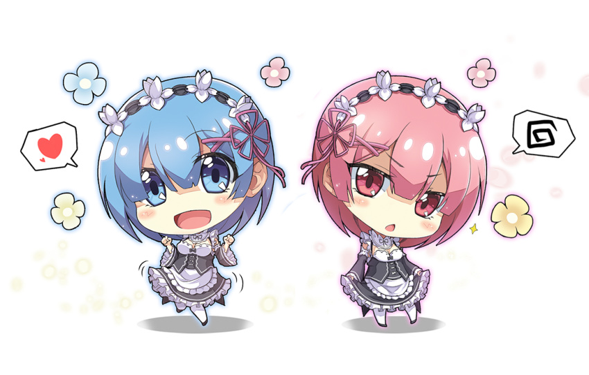2girls :d apron bangs black_dress black_sleeves blue_eyes blue_flower blue_hair blush breasts chestnut_mouth chibi cleavage commentary_request detached_sleeves dress eyebrows_visible_through_hair flower frilled_apron frilled_dress frilled_sleeves frills hair_between_eyes hair_ornament hair_ribbon hands_up head_tilt heart long_sleeves looking_at_viewer maid medium_breasts multiple_girls open_mouth pantyhose parted_lips pink_ribbon ram_(re:zero) re:zero_kara_hajimeru_isekai_seikatsu red_eyes red_flower redhead rem_(re:zero) ribbon shadow sleeveless sleeveless_dress smile sora_(dkssud6580) sparkle spoken_heart spoken_squiggle squiggle standing standing_on_one_leg waist_apron white_apron white_background white_legwear wide_sleeves x_hair_ornament yellow_flower