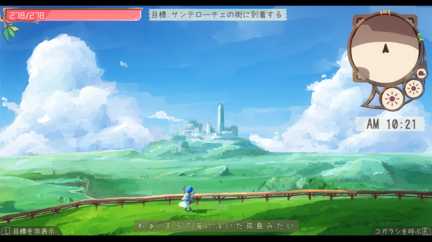 ambiguous_gender arm_up blue_capelet blue_footwear blue_hat blue_sky brown_legwear capelet city clouds cloudy_sky compass day dress facing_away fake_screenshot field gameplay_mechanics hat horizon long_sleeves original outdoors railing scenery sky solo standing tower translation_request white_dress wide_shot yuuhagi_(amaretto-no-natsu)
