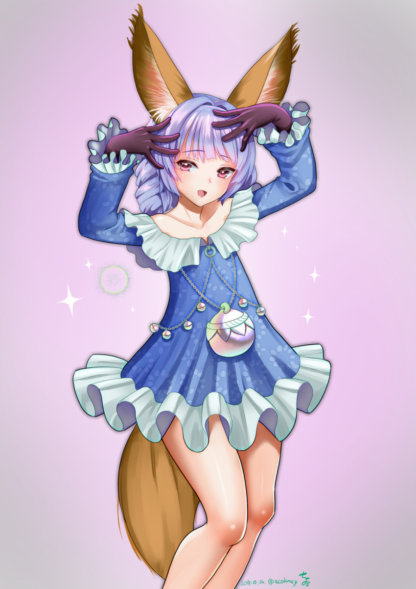 1girl 2018 animal_ears arms_up black_gloves blue_dress braid dated dog_ears dog_tail dress elin_(tera) gloves hair_intakes hands_on_own_head highres jewelry kumehara_chiyota long_hair necklace open_mouth pink_background purple_hair short_dress signature simple_background smile solo tail tera_online twin_braids twintails violet_eyes
