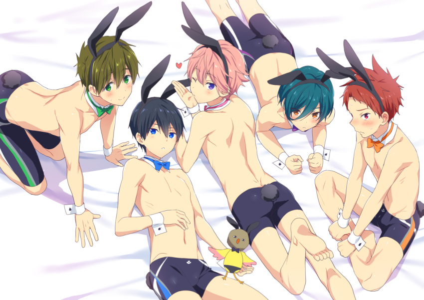 5boys animal_ears ass black_hair blown_kiss blue_hair blush bow bowtie brown_hair bunny_boy bunny_tail detached_collar free! funikurikurara hair_between_eyes hazuki_nagisa high_speed! iwatobi-chan jammers kirishima_ikuya male_focus male_swimwear multiple_boys nanase_haruka_(free!) one_eye_closed open_mouth pink_hair rabbit_ears redhead shigino_kisumi shiina_asahi smile swim_briefs swimwear tachibana_makoto tail violet_eyes