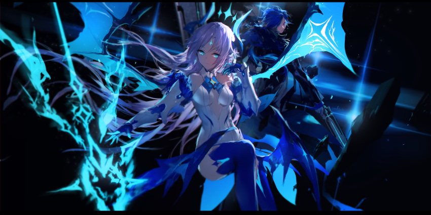 1boy 1girl absurdres arm_guards artist_name bangs bare_shoulders black_coat blue_eyes blue_fire blue_gloves blue_legwear blue_wings breasts breasts_apart center_frills chevalier_(elsword) ciel_(elsword) closed_mouth dark_background dress elsword fire forehead_jewel fur_collar gloves hair_over_one_eye head_tilt highres holding holding_weapon horns ishtar_(elsword) legs_up lens_flare long_hair long_sleeves looking_at_viewer looking_back low_wings luciela_r._sourcream medium_breasts outstretched_arm parted_bangs pointy_ears pyrokinesis signature swd3e2 thigh-highs weapon white_dress white_hair wings
