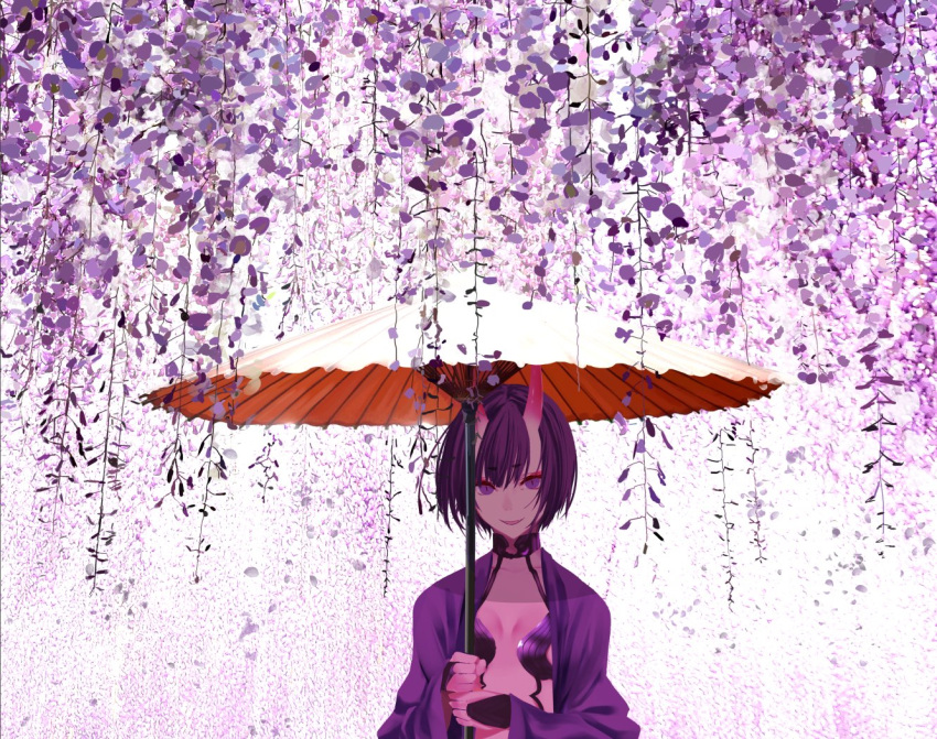 1girl bangs chef_no_kimagure_salad fate/grand_order fate_(series) flower japanese_clothes kimono looking_at_viewer oni oni_horns open_clothes open_kimono oriental_umbrella plant purple_hair purple_kimono short_hair shuten_douji_(fate/grand_order) smile umbrella upper_body vines violet_eyes wisteria
