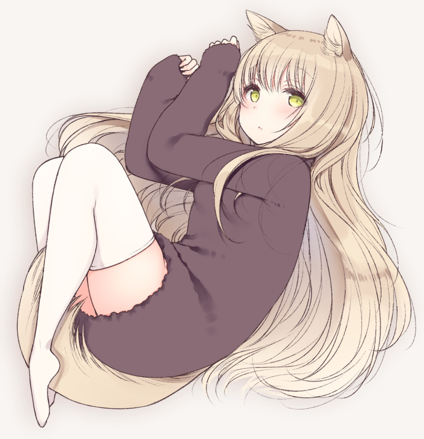 1girl :&lt; animal_ears bangs blush commentary_request eyebrows_visible_through_hair fetal_position full_body green_eyes grey_background highres legs_together long_hair long_sleeves lying nekoume no_shoes on_side original plantar_flexion purple_sweater sleeves_past_wrists solo sweater tail thigh-highs white_legwear