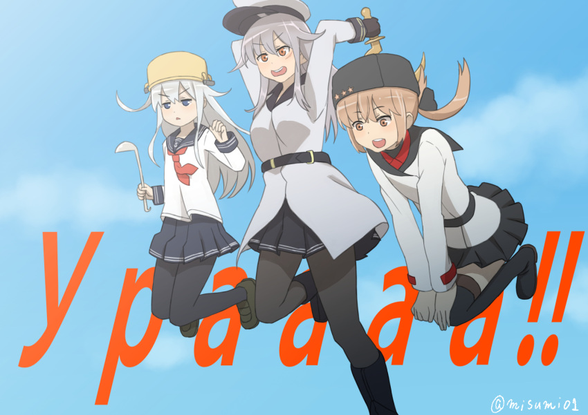 3girls :d black_gloves black_legwear blue_sky brown_eyes brown_hair clouds cloudy_sky commentary_request cyrillic gangut_(kantai_collection) gloves hat hat_removed headwear_removed hibiki_(kantai_collection) holding jumping kantai_collection kirara_jump ladle long_hair looking_away misumi_(niku-kyu) multiple_girls open_mouth pantyhose peaked_cap pleated_skirt pot pot_on_head russian_text school_uniform serafuku sickle silver_hair simple_background skirt sky smile tashkent_(kantai_collection) thigh-highs translated zettai_ryouiki
