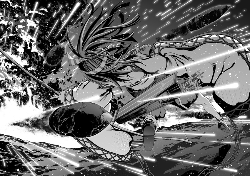 1girl action akaneharu_ohkami arrow bow_(weapon) dodging drawing_bow explosion firing flight_deck from_behind greyscale hachimaki headband kantai_collection monochrome ocean ponytail quiver shell weapon wide_sleeves zuihou_(kantai_collection)