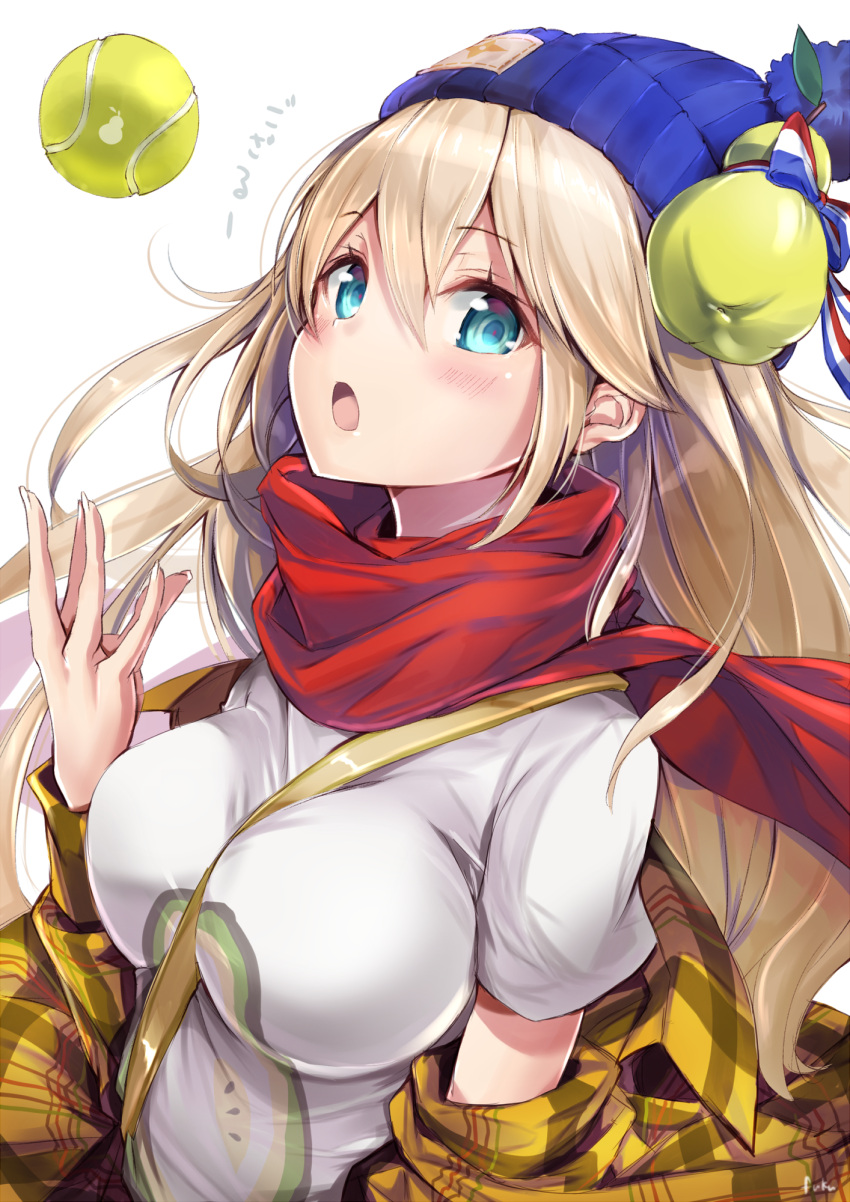 1girl :o ball bangs beanie between_breasts blonde_hair blue_eyes blue_hat blush breasts commentary_request eyebrows_visible_through_hair fingernails food fran_(shironeko_project) fruit fuku_kitsune_(fuku_fox) hair_between_eyes hat highres large_breasts long_fingernails long_hair looking_at_viewer open_clothes open_mouth pear plaid red_scarf scarf shironeko_project shirt short_sleeves sidelocks signature simple_background solo strap_cleavage tennis_ball tossing translated upper_body white_background white_shirt