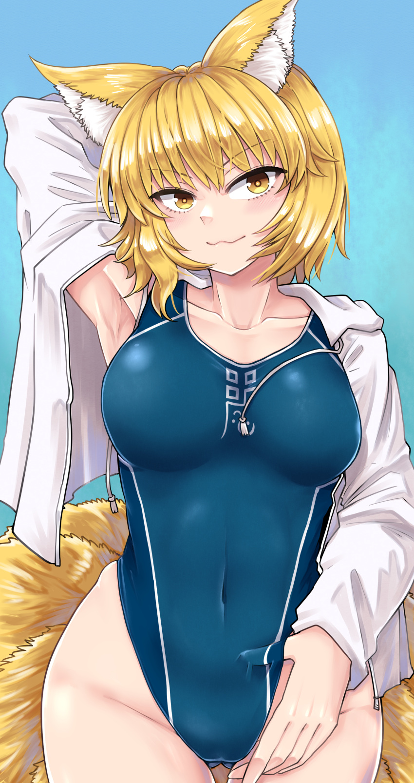 1girl :3 absurdres animal_ears ass_visible_through_thighs blonde_hair blue_background blue_swimsuit commentary_request competition_swimsuit covered_navel cowboy_shot fox_ears fox_tail highres jacket looking_at_viewer one-piece_swimsuit open_clothes open_jacket smile solo swimsuit tail toluda touhou white_jacket yakumo_ran yellow_eyes