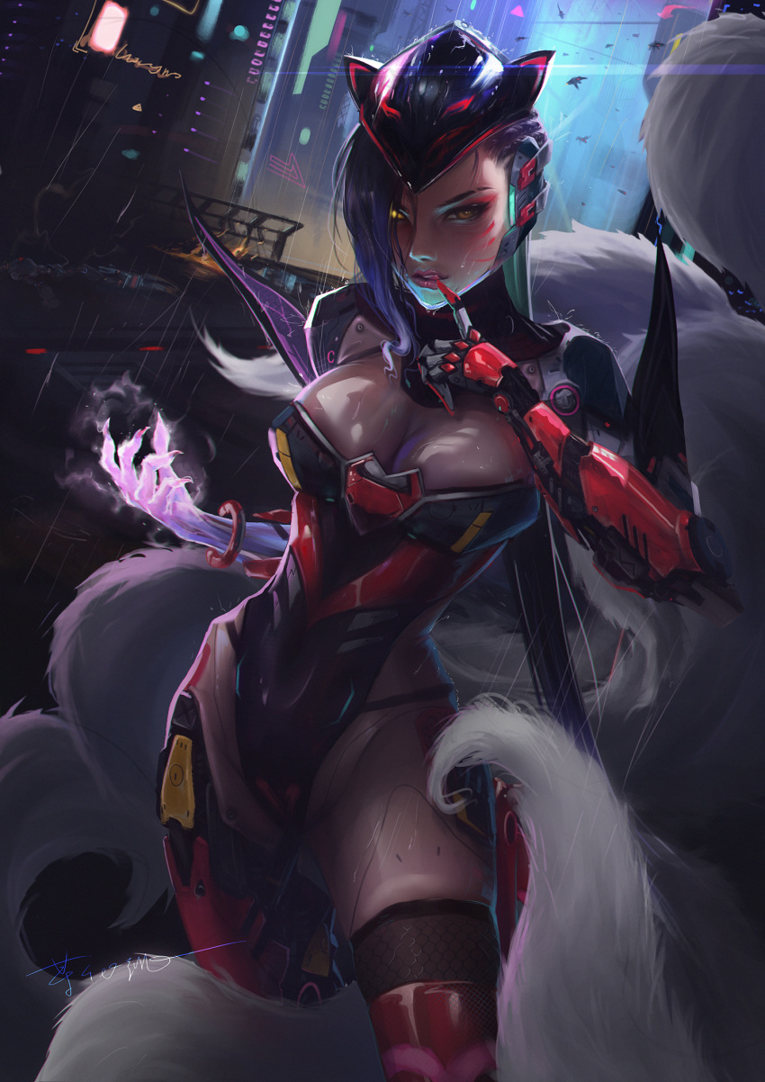 1girl ahri armor bodysuit breasts cyberpunk fox_tail highres large_breasts league_of_legends multiple_tails orange_eyes project:_ahri solo tail thigh-highs