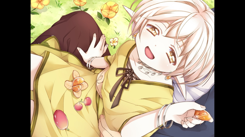 2boys androgynous bracelet elf food fruit game_cg hinata_no_tsuki ibara_(hinata_no_tsuki) jewelry looking_up male_focus multiple_boys necklace official_art open_mouth pointy_ears pov smile trap tunic white_hair yellow_eyes