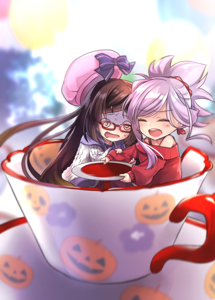 2girls @_@ bare_shoulders brown_hair character_request chibi closed_eyes commentary_request fate/grand_order fate_(series) hane_yuki highres long_sleeves miyamoto_musashi_(fate/grand_order) multiple_girls open_mouth pink_hair ponytail red-framed_eyewear red_sweater sweat sweater wavy_mouth