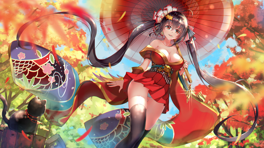 1girl ahoge asanogawa_(tutufcc) azur_lane bangs bare_shoulders black_hair black_legwear blue_sky blush breasts cat cleavage clouds collarbone day detached_sleeves eyebrows_visible_through_hair feathers floating_hair flower gold_trim hair_between_eyes hair_flower hair_ornament hair_ribbon highres holding holding_umbrella huge_breasts japanese_clothes kimono large_breasts leaves_in_wind long_hair looking_at_viewer obi off_shoulder oriental_umbrella outdoors panties parted_lips red_eyes red_kimono red_ribbon ribbon sash sidelocks sky smile solo striped striped_ribbon taihou_(azur_lane) thigh-highs twintails umbrella underwear very_long_hair walking white_panties wide_sleeves wind wind_lift