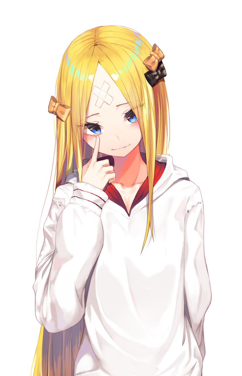 1girl abigail_williams_(fate/grand_order) absurdres akanbe bangs black_bow blonde_hair blue_eyes blush bow closed_mouth collarbone commentary_request crossed_bandaids fate/grand_order fate_(series) hair_bow head_tilt highres hood hood_down hooded_jacket jacket long_hair long_sleeves looking_at_viewer orange_bow parted_bangs polka_dot polka_dot_bow simple_background smile solo sugar_(dndi888) tongue tongue_out upper_body very_long_hair white_background white_jacket
