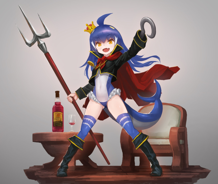 1992 1girl ahoge alcohol blue_hair boots cape chain_necklace chair commentary covered_navel crop_top fang faux_figurine flat_chest frilled_swimsuit frills genderswap genderswap_(mtf) glass highres hook_hand jonathan_jones knee_boots looking_at_viewer super_mario_bros. monster_girl new_super_mario_bros._u_deluxe nintendo one-piece_swimsuit orange_eyes polearm shark_girl shark_tail simple_background solo super_crown super_mario_rpg swimsuit table tail thigh-highs trident weapon wooden_floor