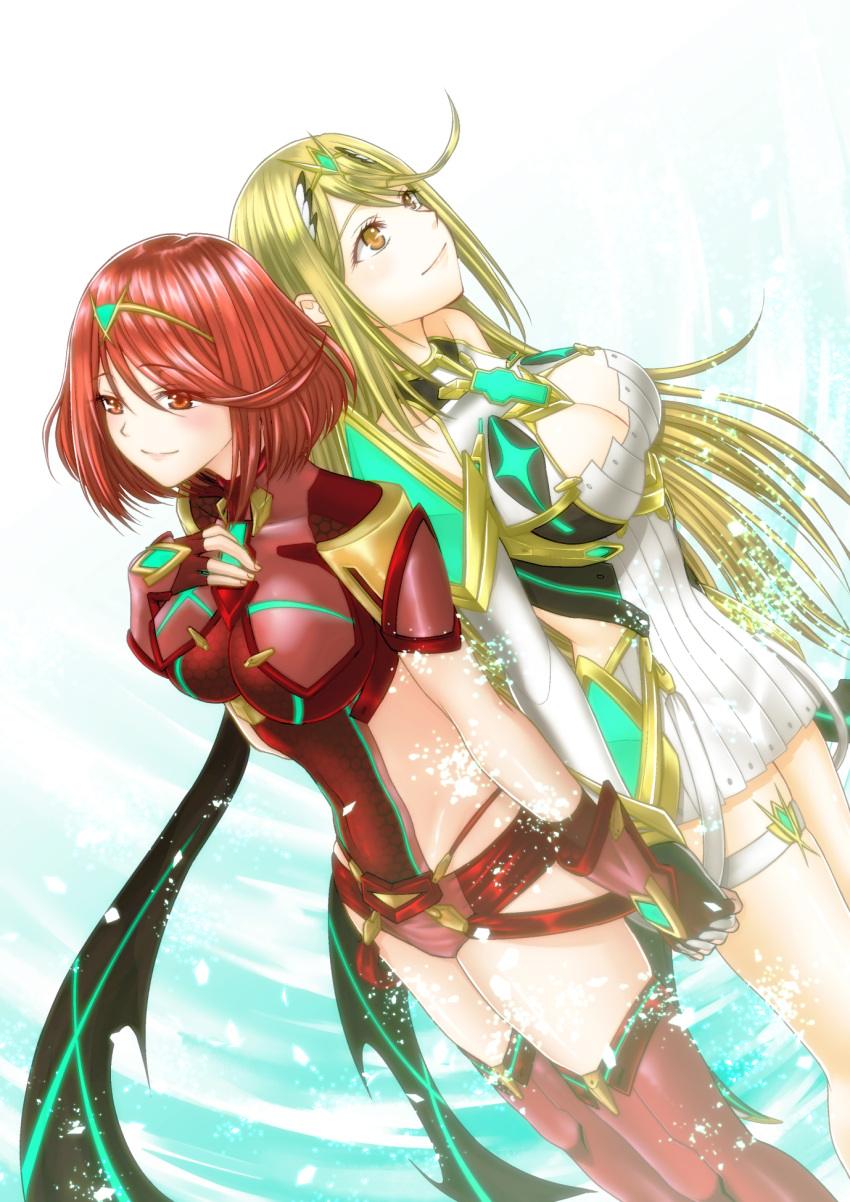 2girls an'no_natsume bangs blonde_hair breasts cleavage cleavage_cutout covered_navel dress fingerless_gloves gloves hand_holding headpiece highres mythra_(xenoblade) pyra_(xenoblade) large_breasts long_hair multiple_girls nintendo red_eyes red_legwear red_shorts redhead ribbed_dress short_dress short_hair short_shorts shorts shoulder_armor smile swept_bangs thigh-highs thigh_strap tiara white_gloves xenoblade_(series) xenoblade_2 yellow_eyes