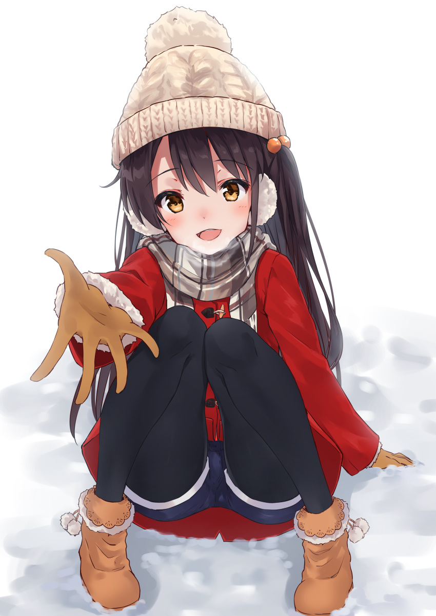 1girl :d absurdres arm_support bangs beanie black_hair black_legwear blue_shorts blush boots brown_eyes brown_footwear brown_gloves coat commentary_request earmuffs eyebrows_visible_through_hair fur_trim gloves hair_ornament hat highres jacket knees_up long_hair long_sleeves looking_at_viewer minikon one_side_up open_mouth original outstretched_hand pantyhose plaid plaid_scarf pom_pom_(clothes) reaching_out red_jacket scarf shadow short_shorts shorts sitting smile snow solo teeth white_hat winter winter_clothes winter_coat